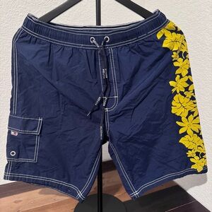 Tommy Hilfiger Navy and Yellow Tropical Swim Trunks